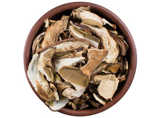 Dry mushrooms (Boletus edulis) on white background. Gourmet dishes of porcini mushrooms.