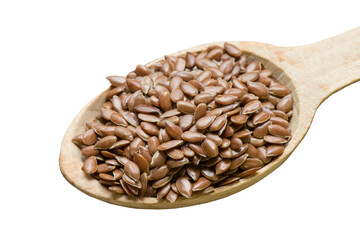 Wooden spoon with dried seeds of linen, isolated on white background.