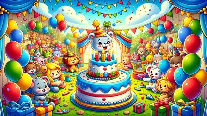 Scène d'anniversaire colorée avec gâteau, bougies, et bonbons. Décoration festive: ballons, cadeaux. Célébration joyeuse en couleurs vives