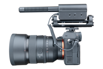 Photo, video camera with microphone. Digital or Dslr camera. Photographer or videographer studio equipment. Recording video film project. Professional blogger, television cam. Camera, display, lens