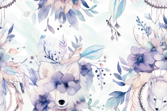 Watercolor seamless pattern with cute watercolor hedgehog and flowers.