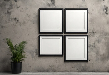 Photo of paintings hanging on a gray wall.