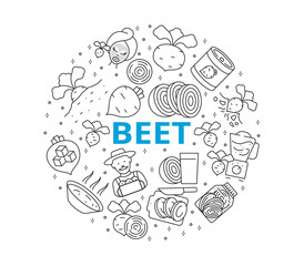 Beet line icons. Collection of symbols. Circular composition. Vector illustration.