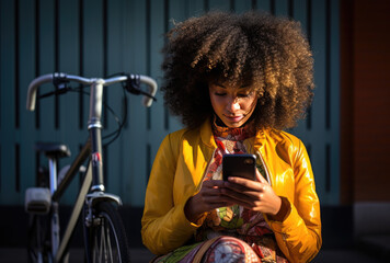 afro girl with yellow jacket looking at her cell phone