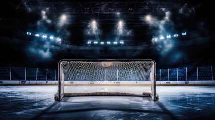 Celebrate championship readiness: Empty hockey goal in a professional ice hockey arena