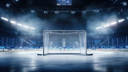 Celebrate championship readiness: Empty hockey goal in a professional ice hockey arena