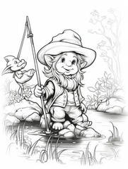 Whimsical Gnome Goes Fishing: A Delightful Coloring Book Illustration