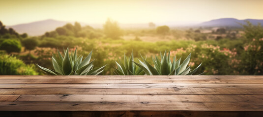 Empty rustic old wooden boards table copy space with aloe vera plants in desert landscape background. Product display template. Generative AI - obrazy, fototapety, plakaty