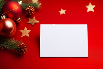 Christmas decorations with white card and copy space on red background.