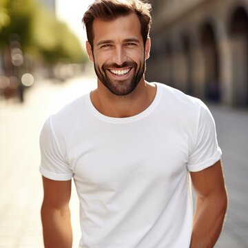 Radiant Joy: A White T-Shirt Clad Man Beaming with Happiness