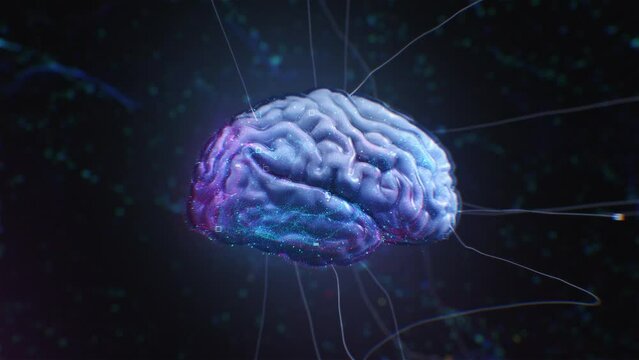 3D animated brain with luminous neural pathways against a dark background, illustrating complex neural activity and cognitive processes