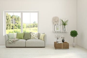 Contemporary classic white interior with furniture and decor and summer landscape in window. Scandinavian interior design. 3D illustration