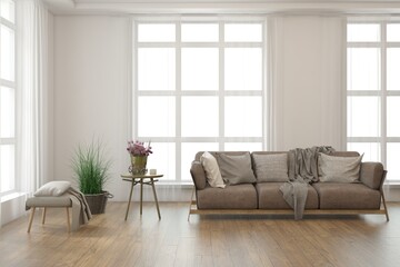 White scandinavian interior design with sofa. 3D illustration