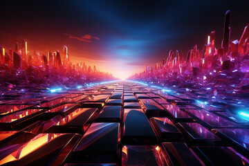 Crimson Dawn: A Futuristic Cityscape of Luminous Crystal Spires - 679343112