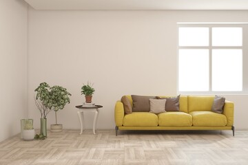 White living room with sofa. Scandinavian interior design. 3D illustration