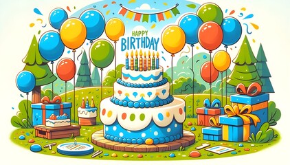 Joyeuse illustration d'anniversaire avec gâteau, ballons, et cadeaux. Invitation parfaite pour une fête amusante, pleine de bougies, décorations, et desserts