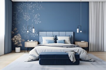  Stylish bedroomStylish bedroom interior in trendy blue. interior in trendy blue.
