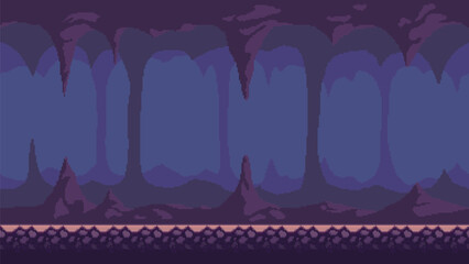 Pixel art game background, underground cave with stalactites and stalagmites. Vector 8-bit retro video game seamless cavern background.