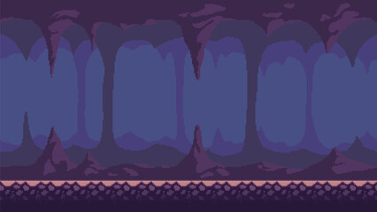 Pixel art game background, underground cave with stalactites and stalagmites. Vector 8-bit retro video game seamless cavern background. © ad_stock