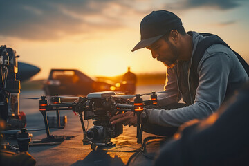 A drone operator adjusting camera settings, showcasing the technical control and expertise. - obrazy, fototapety, plakaty