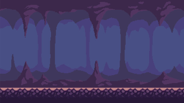Pixel art game background, underground cave with stalactites and stalagmites. Vector 8-bit retro video game seamless cavern background.