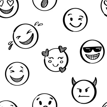 Doodle emoji seamless pattern. Hand drawn sketch positive emoticons background. Freehand emotion expression design