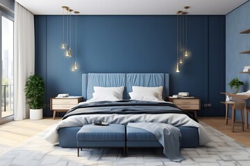  Stylish bedrooStylish bedroom interior in trendy blue.m interior in trendy blue.