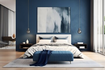 Stylish bedroom iStylish bedroom interior in trendy blue.nterior in trendy blue.