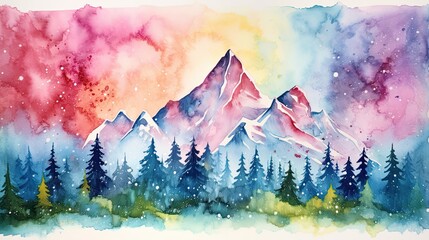Simple watercolor colorful mountains painting
