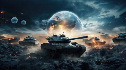 tanks encircling Earth, a futuristic warfare illustration - obrazy, fototapety, plakaty