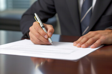 Close up and selective focus on professional business male hands holding pen, signing in white paper form or application to confirm and deal contract agreement on table.