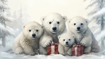 Fototapeten Group of polar bears with gifts in a snowy winter landscape © senadesign