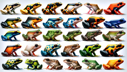 Colorful poisonous frogs on a white background. Set of different aligned frogs. Illustration Multicolored poisonous tropical frogs. Generative Ai