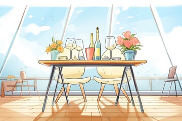 wine glasses on table, a-frame house loft balcony, magazine style illustration
