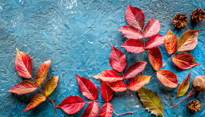 autumn background with colored red leaves on blue slate background top view copy space ai generated