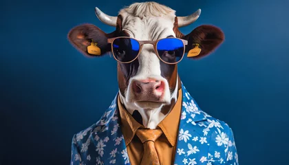 Fotobehang a portrait of a funky cow wearing sunglasses funky jacket and a blue tie on a seamless dark blue background copy space for text generative ai technology © RichieS