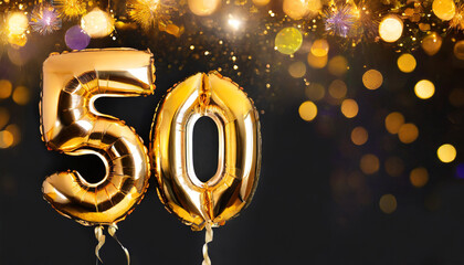 gold foil balloon number digit fifty birthday greeting card with inscription 50 anniversary celebration event banner golden numeral black background numerical digit light bokeh glitter - obrazy, fototapety, plakaty