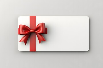 Blank white gift card with red ribbon bow isolated on grey background .