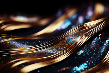 Glitter Golden Wave Stripes Design. Shiny Gold and Blue moving lines design element on dark background	