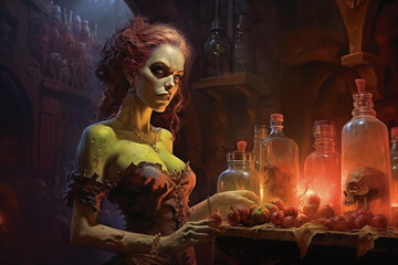 Ethereal Alchemy, Artistry of Zombie Alchemist, table with many necromantic bottles, undead alchemy