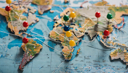 selective focus of push pins and strings on world map