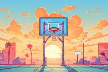 basketball hoop with multi-streak sunset in the background