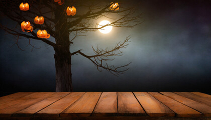 old wood table and silhouette dead tree at night for halloween background