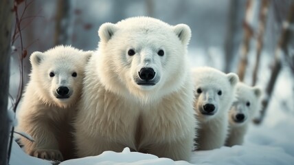 Group of polar bears in a snowy winter landscape - obrazy, fototapety, plakaty