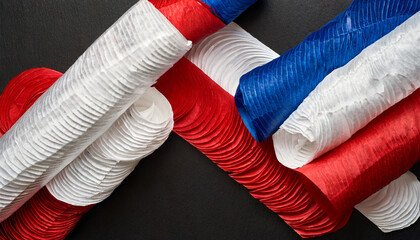 red white and blue crepe paper on black background