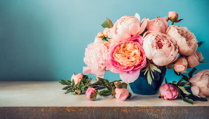 fresh bunch of pink peonies and roses with copy space
