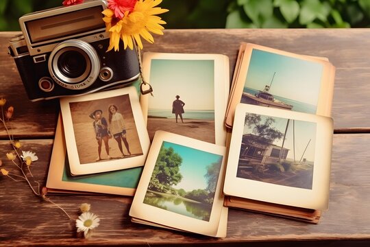  Photo album remembrance and nostalgia in summer journey trip on wood table.