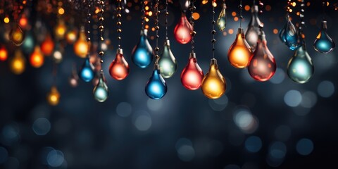 Multi-colored Christmas garlands with bokeh lights on a dark background. Generative AI