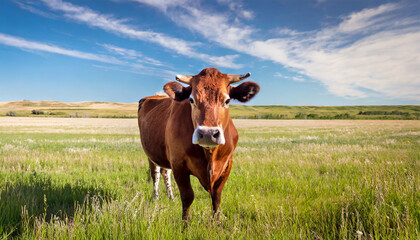 beef cattle a single cow standing in a farm field taken in alberta canada