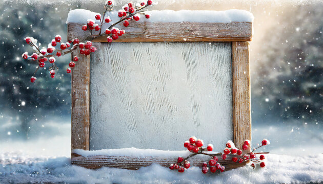 snow covered board frame framed by branches with red berries covered in frost copy space